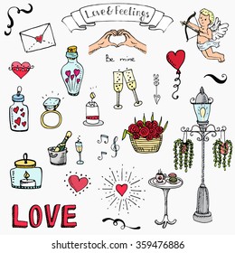 Hand drawn doodle Love and Feelings collection Vector illustration Sketchy Love icons Big set of icons for Valentine's day, Mothers day, wedding, love and romantic events Hearts hands Cupid Flowers