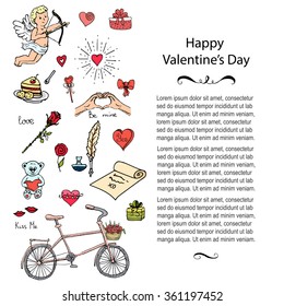 Hand drawn doodle Love and Feelings collection Vector illustration Sketchy Love icons Big set of icons for Valentine's day, Mothers day, wedding, love and romantic events Hearts hands Cupid Bicycle