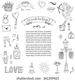 Hand drawn doodle Love and Feelings collection Vector illustration Sketchy Love icons Big set of icons for Valentine's day, Mothers day, wedding, love and romantic events Hearts hands Cupid Flowers