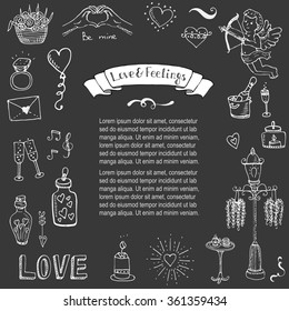 Hand drawn doodle Love and Feelings collection Vector illustration Sketchy Love icons Big set of icons for Valentine's day, Mothers day, wedding, love and romantic events Hearts hands Cupid Flowers
