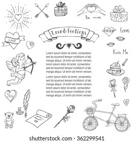 Hand drawn doodle Love and Feelings collection Vector illustration Sketchy Love icons Big set of icons for Valentine's day, Mothers day, wedding, love and romantic events Hearts hands Cupid Love arrow