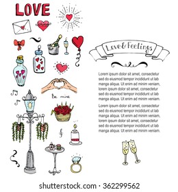 Hand drawn doodle Love and Feelings collection Vector illustration Sketchy Love icons Big set of icons for Valentine's day, Mothers day, wedding, love and romantic events Hearts hands Cupid Love arrow