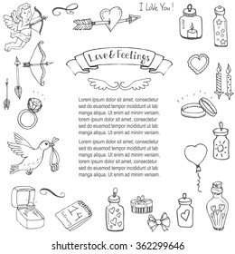 Hand drawn doodle Love and Feelings collection Vector illustration Sketchy Love icons Big set of icons for Valentine's day, Mothers day, wedding, love and romantic events Hearts hands Cupid Love arrow