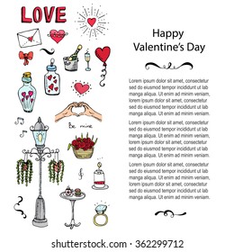 Hand drawn doodle Love and Feelings collection Vector illustration Sketchy Love icons Big set of icons for Valentine's day, Mothers day, wedding, love and romantic events Hearts hands Cupid Love arrow