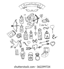 Hand drawn doodle Love and Feelings collection Vector illustration Sketchy Love icons Big set of icons for Valentine's day, Mothers day, wedding, love and romantic events Hearts hands Cupid Love arrow