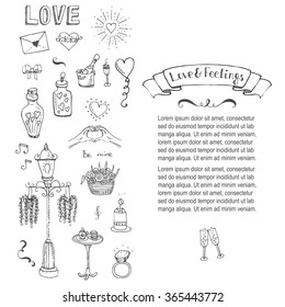 Hand drawn doodle Love and Feelings collection Vector illustration Sketchy Love icons Big set of icons for Valentine's day, Mothers day, wedding, love and romantic events Hearts hands cupid bouquet