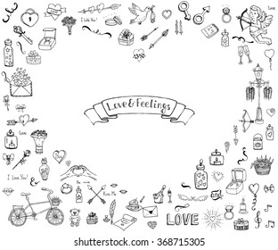 Hand drawn doodle Love and Feelings collection Vector illustration Sketchy Love icons Big set of icons for Valentine's day, Mothers day, wedding, love and romantic events Hearts hands cupid bouquet