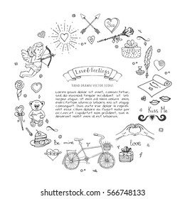 Hand drawn doodle Love and Feelings collection Vector illustration Sketchy Love icons Big set of icons for Valentine's day, Mothers day, wedding, love and romantic events Hearts hands cupid bouquet