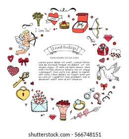 Hand drawn doodle Love and Feelings collection Vector illustration Sketchy Love icons Big set of icons for Valentine's day, Mothers day, wedding, love and romantic events Hearts hands cupid bouquet