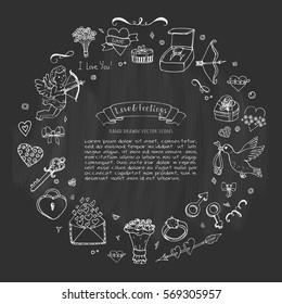 Hand drawn doodle Love and Feelings collection Vector illustration Sketchy Love icons Big set of icons for Valentine's day, Mothers day, wedding, love and romantic events Hearts hands cupid Bouquet