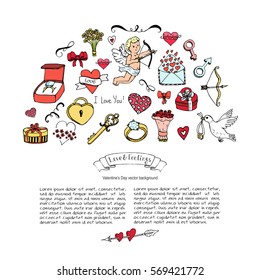 Hand drawn doodle Love and Feelings collection Vector illustration Sketchy Love icons Big set of icons for Valentine's day, Mothers day, wedding, love and romantic events Hearts hands cupid Bouquet
