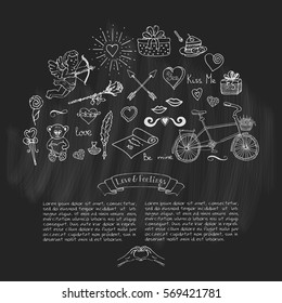 Hand drawn doodle Love and Feelings collection Vector illustration Sketchy Love icons Big set of icons for Valentine's day, Mothers day, wedding, love and romantic events Hearts hands cupid Bouquet