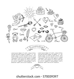 Hand drawn doodle Love and Feelings collection Vector illustration Sketchy icons Big set of icons for Valentine's day, Mothers day, wedding, love and romantic events Hearts hands Cupid Love arrow