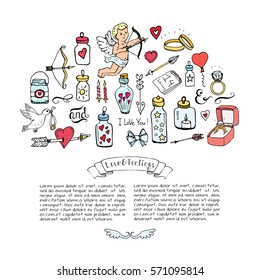 Hand drawn doodle Love and Feelings collection Vector illustration Sketchy icons Big set of icons for Valentine's day, Mothers day, wedding, love and romantic events Hearts hands Cupid Love arrow