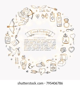 Hand drawn doodle Love and Feelings collection Vector illustration Sketchy Lovely icons Big set for Valentine's day, Mothers day, wedding, happy and romantic events. Hearts. Hans. Cupid. Bouquet.
