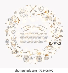 Hand drawn doodle Love and Feelings collection Vector illustration Sketchy Lovely icons Big set for Valentine's day, Mothers day, wedding, happy and romantic events. Hearts. Hans. Cupid. Bouquet.