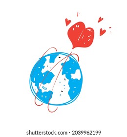 hand drawn doodle love flying around globe illustration icon isolated