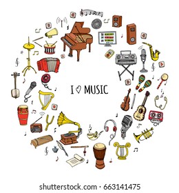 Hand drawn doodle I love music set Vector illustration musical instrument Symbols icon collections Cartoon sound concept elements Music notes Piano Guitar Violin Trumpet Drum Gramophone Saxophone Harp