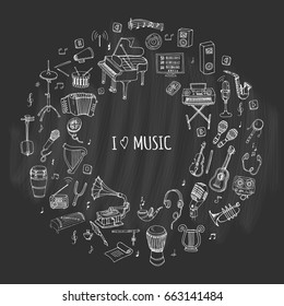 Hand drawn doodle I love music set Vector illustration musical instrument Symbols icon collections Cartoon sound concept elements Music notes Piano Guitar Violin Trumpet Drum Gramophone Saxophone Harp