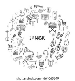 Hand drawn doodle I love music set Vector illustration musical instrument Symbols icon collections Cartoon sound concept elements Music notes Piano Guitar Violin Trumpet Drum Gramophone Saxophone Harp