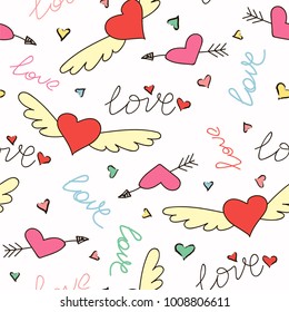 Hand drawn doodle love seamless pattern for wedding, Valentine's Day wallpaper, background design. Vector illustration with heart, love, arrow, lettering text. Hand drawn sketch style.