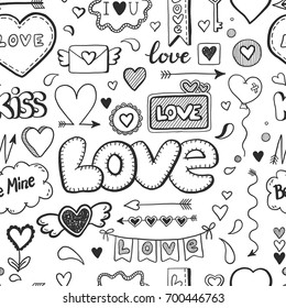 Hand drawn doodle love seamless pattern for wedding, Valentine's Day wallpaper, background design. Vector illustration with heart, love, speech bubble, arrow, lettering text. Hand drawn sketch style.