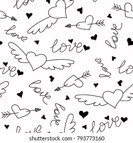 Hand drawn doodle love seamless pattern for wedding, Valentine's Day wallpaper, background design. Vector illustration with heart, love, arrow, lettering text. Hand drawn sketch style.