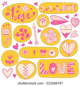 Hand drawn doodle love stickers for your scrapbooking project or dairy. 