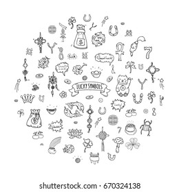 Hand drawn doodle Lucky symbols icon set Vector illustration isolated Luck symbols collection Cartoon wealth element: Ladybug Dreamcatcher Clover Horseshoe Neko cat Wishbone Scarab Charms Good Luck