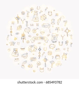 Hand drawn doodle Lucky symbols icon set Vector illustration isolated Luck symbols collection Cartoon wealth element: Ladybug Dreamcatcher Clover Horseshoe Neko cat Wishbone Scarab Charms Good Luck