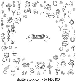 Hand drawn doodle Lucky symbols icon set Vector illustration isolated Luck symbols collection Cartoon wealth element: Ladybug Dreamcatcher Clover Horseshoe Neko cat Wishbone Scarab Charms Good Luck