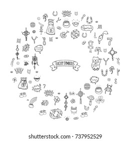 Hand drawn doodle Lucky symbols icon set Vector illustration isolated Luck symbols collection Cartoon wealth element: Ladybug Dreamcatcher Clover Horseshoe Neko cat Wishbone Scarab Charms Good Luck