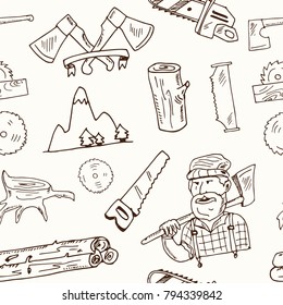 Hand drawn doodle lumberjack seamless pattern Vector illustration. Symbol collection.