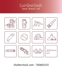 Hand drawn doodle lumberjack set. Vector illustration. Isolated elements on white background. Symbol collection.