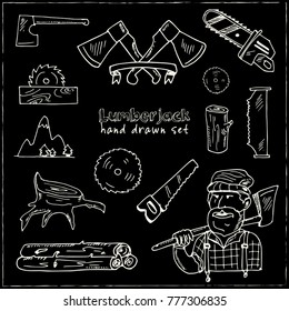 Hand drawn doodle lumberjack set. Vector illustration. Isolated elements on chalkboard background. Symbol collection.