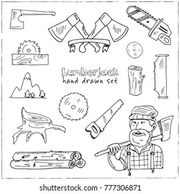 Hand drawn doodle lumberjack set. Vector illustration. Isolated elements on white background. Symbol collection.