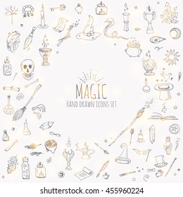 Hand drawn doodle Magic icons set. Vector illustration. Cartoon sorcery concept. Wizardy, witchcraft symbols and elements: Magic wand, Love potion, Fairy book, Fairytale, Snake, Crystal ball, Broom.