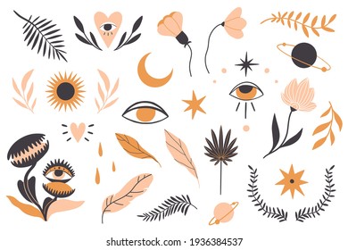 Hand drawn doodle magic plants and symbols collection: leaves, flowers, star, moon, planet, mystic eye, sun, heart. Boho  elements. Minimalistic abstract  set. Flat vector. Cute simple elements