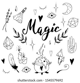 Hand drawn doodle magic set with witchcraft symbols. Vector doodles illustrations