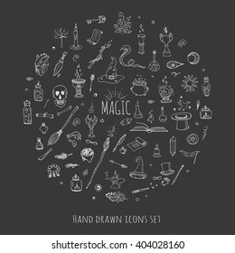 Hand drawn doodle Magic set. Vector illustration wizardry, witchcraft symbols Isolated icons collection Cartoon sorcery concept elements Wand Love potion Fairy book Fairytale Snake Crystal ball Sketch