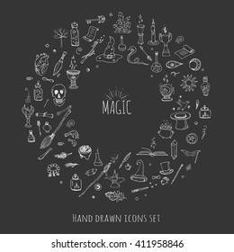 Hand drawn doodle Magic set. Vector illustration wizardry, witchcraft symbols Isolated icons collection Cartoon sorcery concept elements Wand Love potion Fairy book Fairytale Snake Crystal ball Sketch