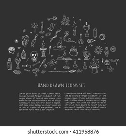 Hand drawn doodle Magic set. Vector illustration wizardry, witchcraft symbols Isolated icons collection Cartoon sorcery concept elements Wand Love potion Fairy book Fairytale Snake Crystal ball Sketch