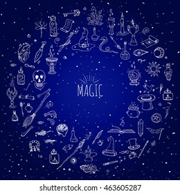 Hand drawn doodle Magic set Vector illustration wizardy, witchcraft symbols Isolated icons collections Cartoon sorcery concept elements Magic wand Love potion Fairy book Fairy tale Snake Crystal ball