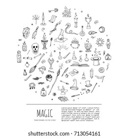 Hand drawn doodle Magic set Vector illustration wizardy, witchcraft symbols Isolated icons collections Cartoon sorcery concept elements Magic wand Love potion Fairy book Fairy tale Snake Crystal ball