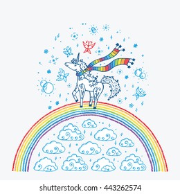 Hand Drawn Doodle Magic Unicorn, Clouds and Rainbow