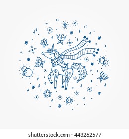 Hand Drawn Doodle Magic Unicorn set 