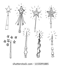 Hand drawn doodle magic wand set.Perfect for invitation, greeting card, coloring book, textile print.