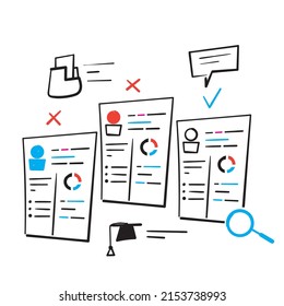 hand drawn doodle magnifying glass selecting cv resume symbol for Human resource management illustration