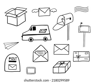 Hand drawn doodle mail or delivery. Open mailbox with letter, mailbox and car. Set of postal elements