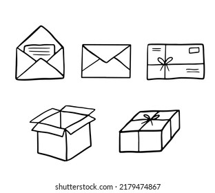 Hand Drawn Doodle Mail. Open Envelope With Letter And Envelope With Stamp, Box